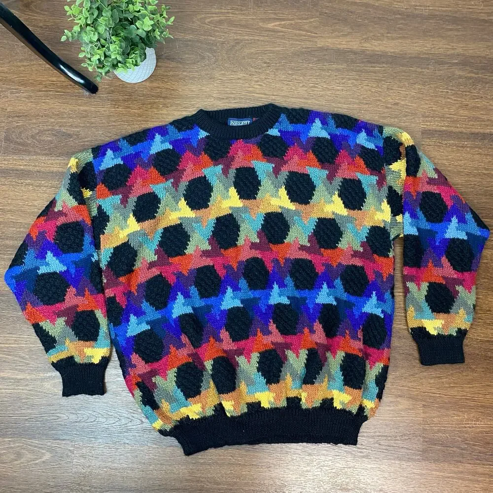 Lands End Colorful Alpaca Wool Crew Neck Knit Sweater XL
